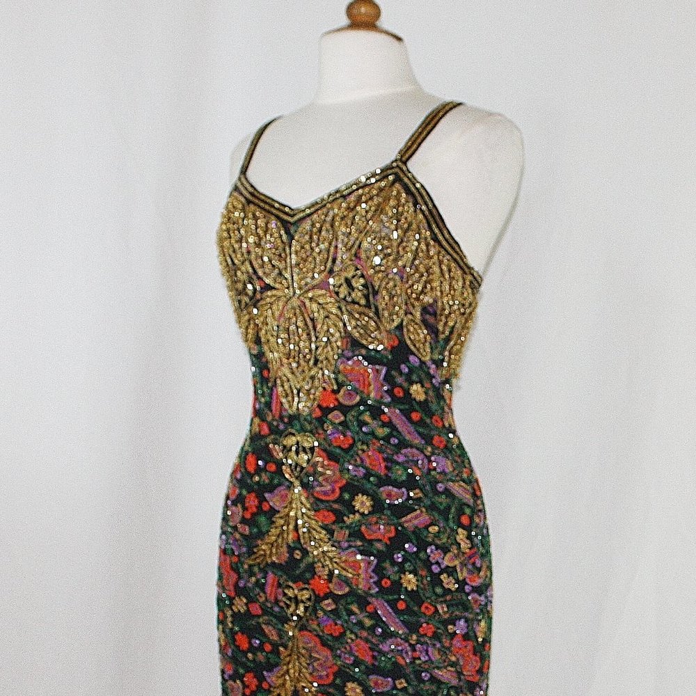 JASDEE Vintage Dress Hand Work Bead & Sequins Hand Print On Silk Style 5057L